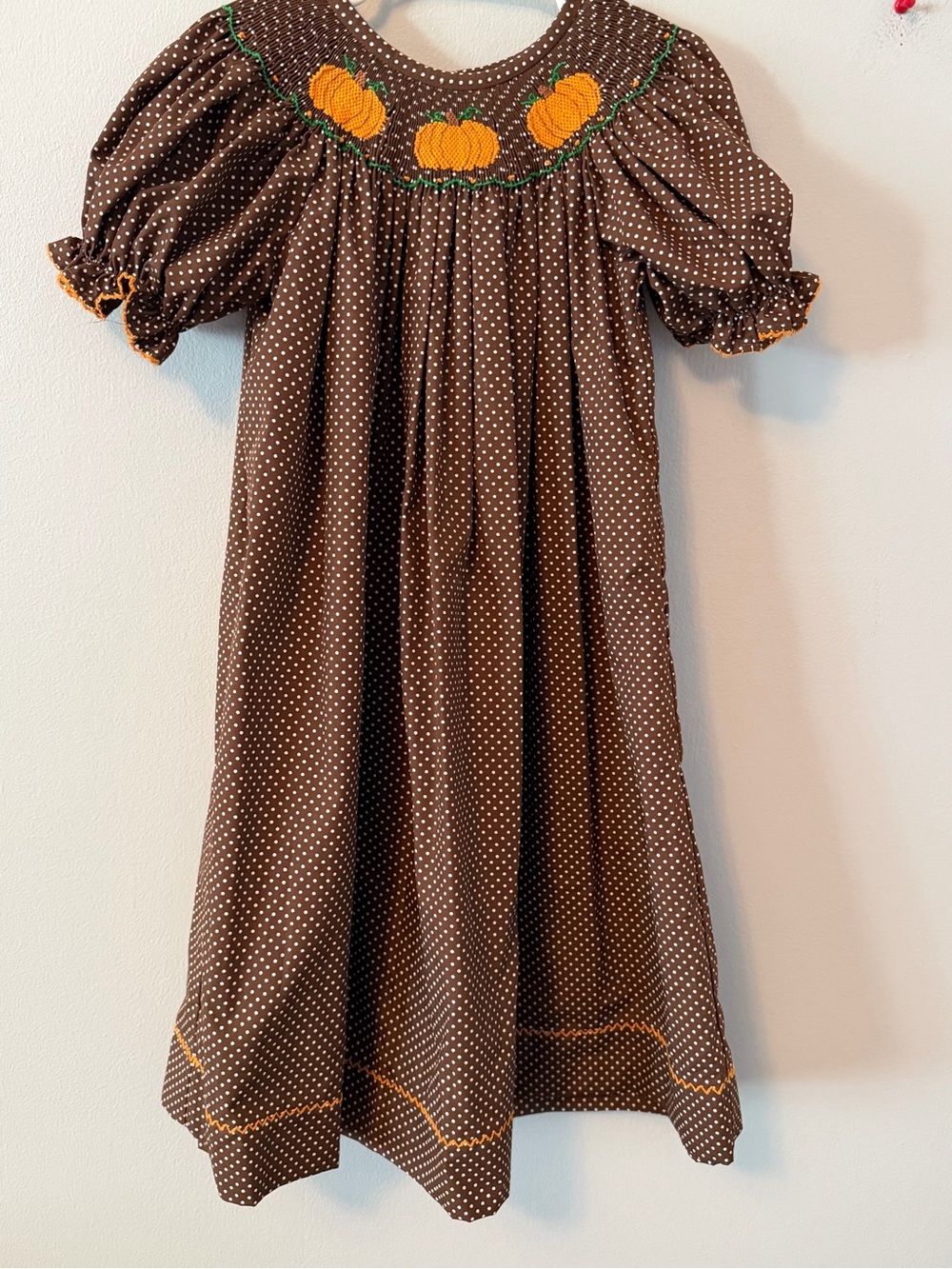 Southern Smocked Company Brown Polka Dot Pumpkin Smocked Dress